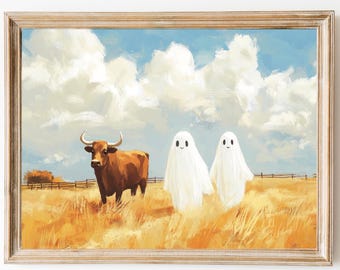 Landscape Cute Ghost Print, Rustic Fall Art, Halloween Decor, Ghouls Having Fun, Spooky Decor, Preppy Halloween Print, Western Halloween.