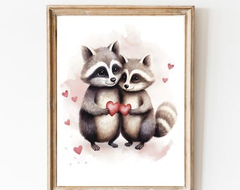 Cute Raccoon Love Print, Valentines Wall Art, Red Heart Print, Nursery Animal Decor, Love Artwork, Romantic Wall Decor, Instant Download.