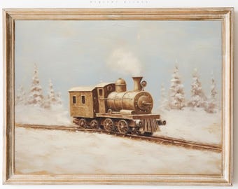 Vintage Steam Locomotive Print; Antique Train Wall Art, Neutral Christmas Decor, Holiday Winter Festive, DIGITAL DOWNLOAD.