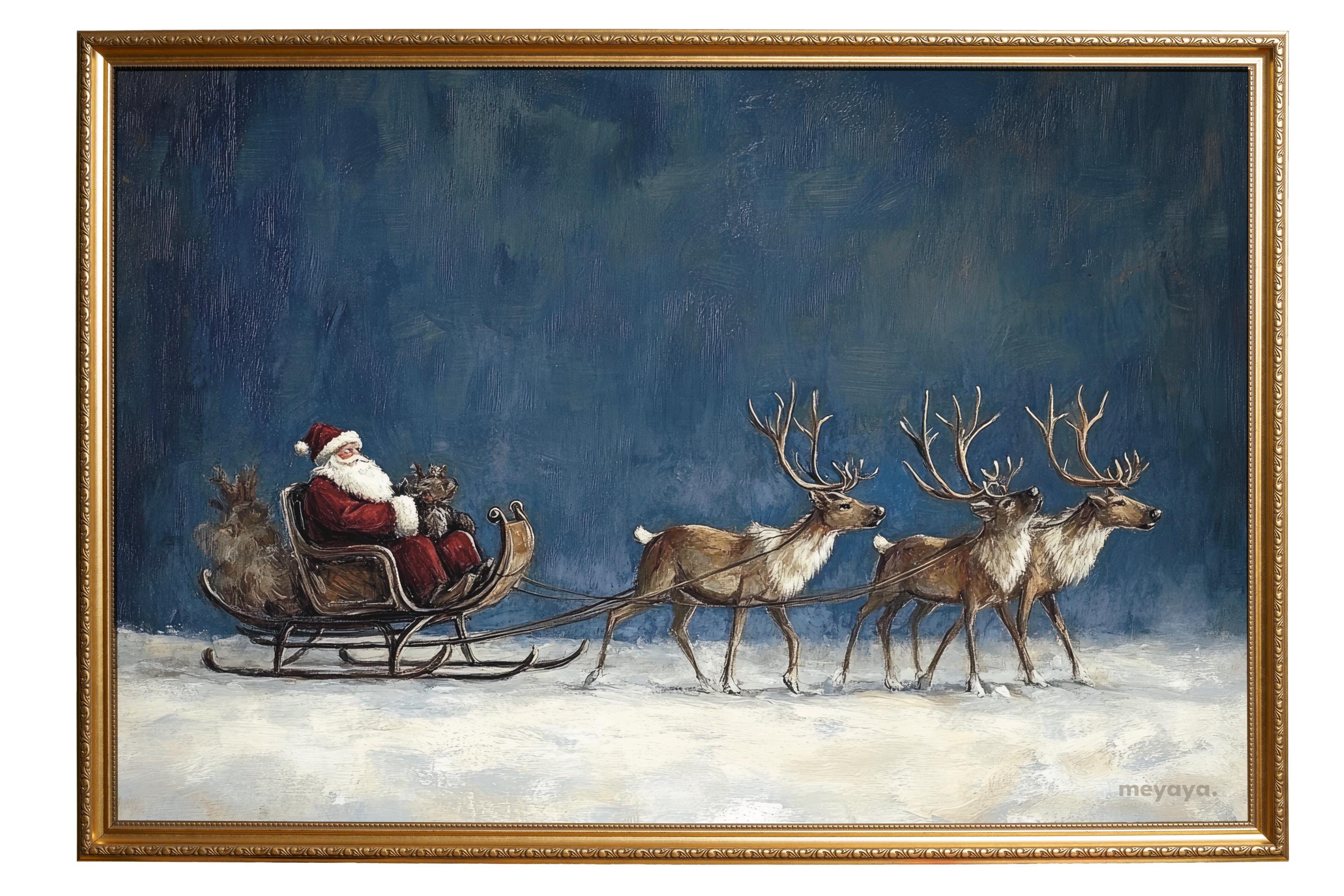 Peinture Murale De Noël Avec Renne De Père Noël - Impression Vintage Pour Décoration De Chambre à Coucher - Encadrée Et Prête à être Accrochée (30 X 40 Cm