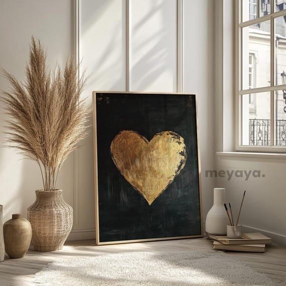 Gold Heart Painting: Vintage Valentines Day Art (digital Print) - Etsy