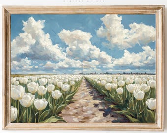 Vintage White Tulip Field Painting: Spring Floral Print (Digital Download)