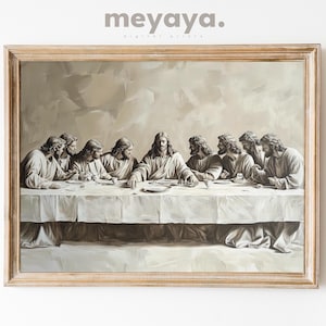 Printable The Last Supper Painting, Jesus Wall Art, Modern Christian Artwork, Catholic Bible Wall Art, Jesus Print, Beige Abstract Wall Art.