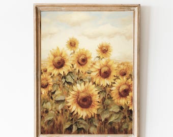 Vintage Sunflower Print, Muted Sunflower Poster, Botanical Decor, Farmhouse Wall Art, Flower Painting, Autumn Flower Field Decor, Fall Print