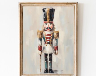 May include: A framed painting of a traditional nutcracker soldier. The nutcracker is wearing a white and red uniform with gold accents and a black hat. The background is a light blue and grey wash.