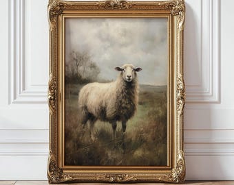 ビンテージ羊の絵画、農家の壁アート、野生の羊の素朴なアート