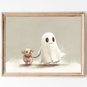 Niedlicher Geist, gehender Welpe, Geisterhund zum Ausdrucken, Hundeliebhaber Druck, trendiger Halloween-Druck, Halloween Boo Geist, gruseliges Spaß-Dekor, Hund Poster.