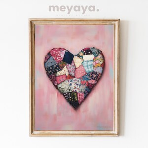 Quilted Heart Print: Vintage Valentine&#39;s Day Wall Art, Romantic Girly Love Painting (Digital Download)