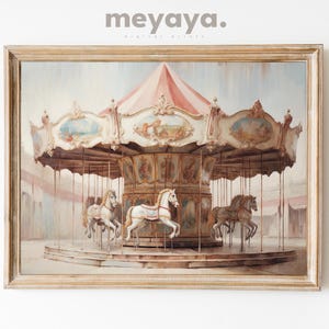 May include: A vintage painting depicting a carousel with white horses and a pink and white canopy. The carousel is set against a pale blue sky with white clouds.
