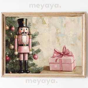 Pink Christmas Nutcracker Print, Vintage Christmas Painting, Pastel Nutcracker, Holiday Wall Art, Farmhouse Christmas Decor, Pink Preppy Art