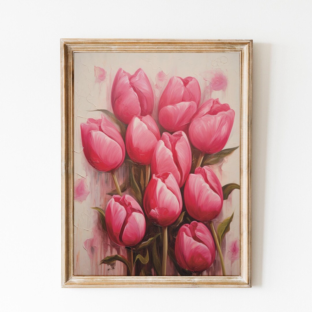 Vintage Pink Tulip Painting, Tulip Art Print, Spring Wall Art ...