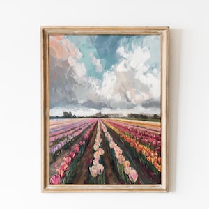 Peut inclure: Une peinture représentant un champ de tulipes colorées avec un ciel nuageux en arrière-plan.