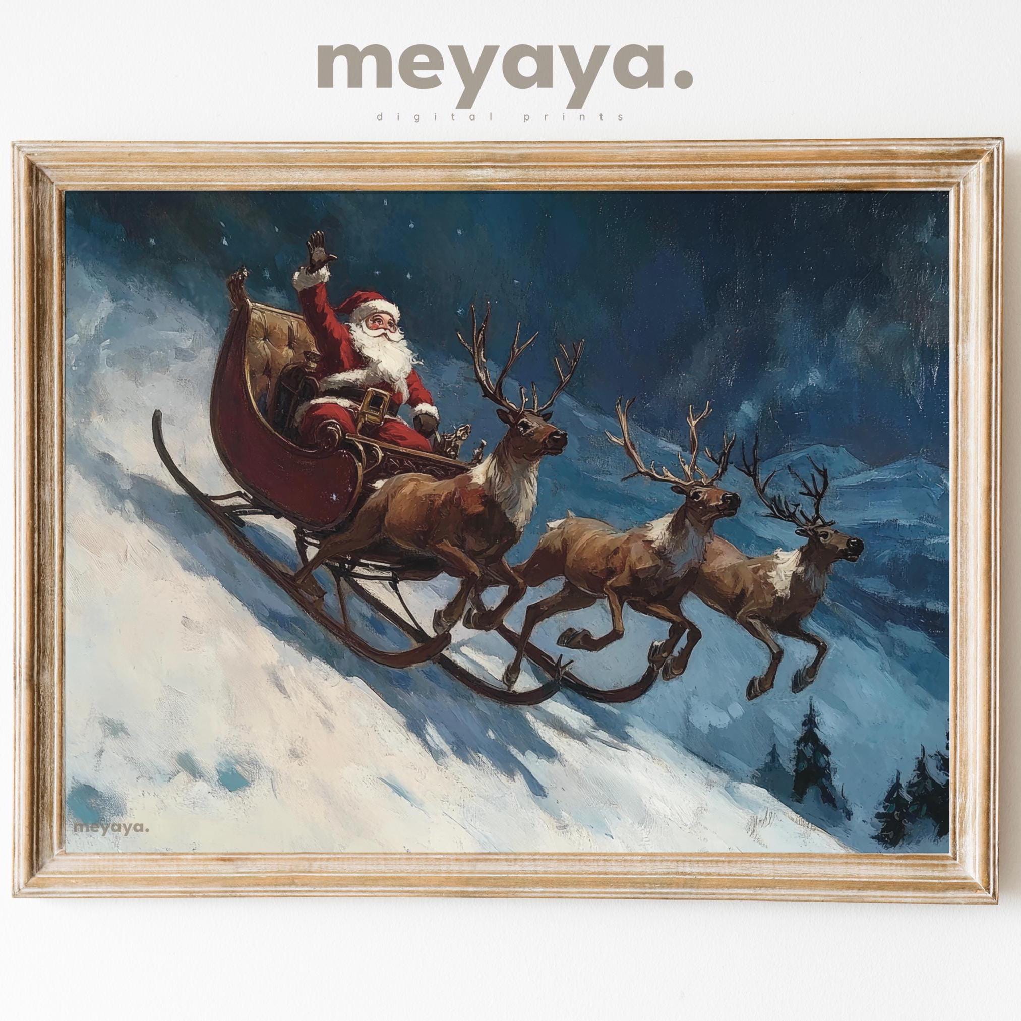 ヴィンテージサンタのそりプリント：クリスマスのトナカイの絵画