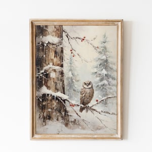 Winter Owl Print, Farmhouse Christmas Decor, Vintage Christmas Painting, Holiday Art Decor, Christmas Wall Art, Minimalist Print, Cute Owl.