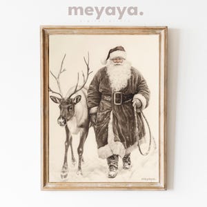 Vintage Santa and Reindeer Christmas Print: Rustic Holiday Decor (Digital Download)