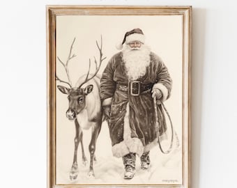 May include: A vintage-style illustration of Father Christmas in a brown coat and white beard, walking with a reindeer in a snowy landscape. The image is in black and white and has a rustic feel.