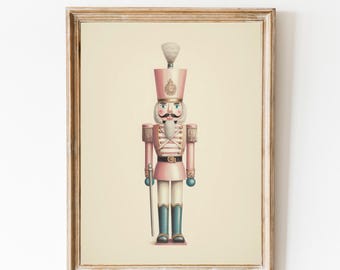 Estampa minimalista de quebra-nozes de Natal, decoração em tons pastéis para berçário, pintura de quebra-nozes rosa, estampa de Natal, decoração de parede natalina, decoração de Natal rosa.