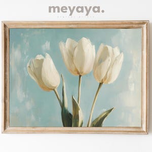 White Tulips Floral Oil Painting: Vintage Cottagecore Wall Art, Botanical Print, (Digital Download PRINTABLE)