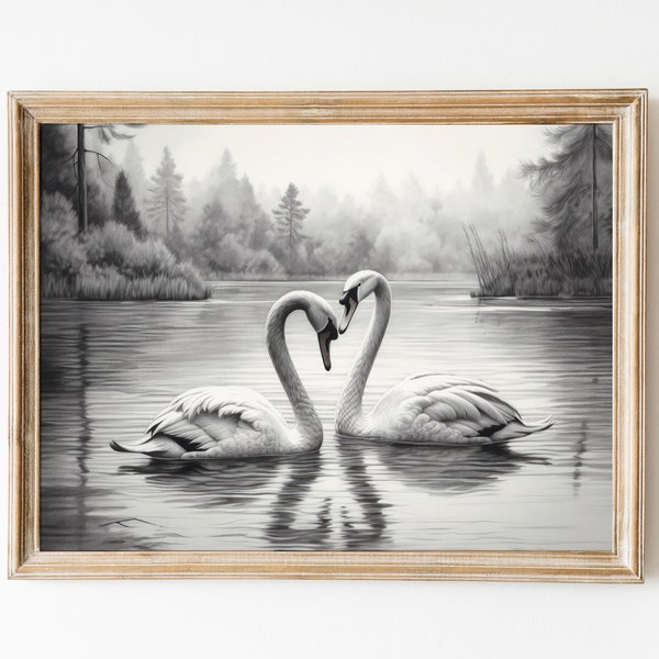 Farmhouse Loving Swans Print, Pencil Wall Art, Vintage Valentine Day Swans Gift Digital Wall Art, Swans PRINTABLE Art, Black & White Swans.