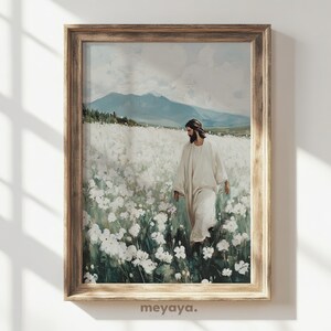 Vintage Jesus Painting, Wildflower Field Print, Modern Christian Wall Art, Leaves the 99 Print, Religious Decor, Jesus Christ Print, Neutral