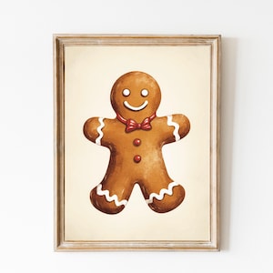 Gingerbread Cookie Painting, Gingerman Print. Cute Gingerbread Cookie, Vintage Christmas Painting, Nursery Christmas Print, Holiday Wall Art