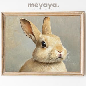 Vintage Easter Bunny Print, Neutral Cottagecore Decor, Muted Spring Painting, Farmhouse Antique Rabbit Print, Boho Art, Cute Bunny Painting.