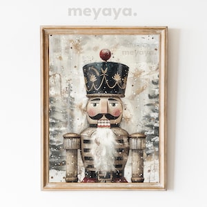 May include: A vintage-style nutcracker with a black hat and gold accents stands against a snowy forest background. The nutcracker has a white beard and a painted face with a mustache and a red mouth.