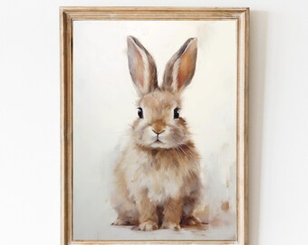 Cuadro de conejito de Pascua, estampado primaveral, decoración neutra, estampado de conejito antiguo, arte de pared de conejito para guardería, habitación infantil, primavera cottagecore, arte melancólico.