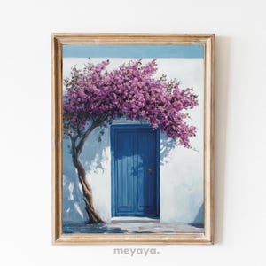 Greek Blue Door Bougainvillea Print: Mediterranean Wall Art (Digital Download)
