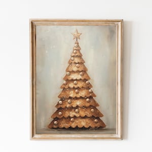 Cute Gingerbread Print, Christmas Tree Painting, Vintage Christmas Painting, Gingerbread Tree Printable Art, Christmas Tree Print, Holiday.