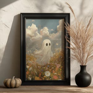 Cute Floral Ghost Painting, Vintage Ghost in Flower Field Print ...