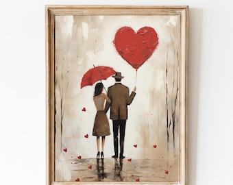 Impresión de corazón rojo del día de San Valentín, pintura de pareja romántica, pintura vintage de San Valentín, descarga instantánea, decoración cottagecore, impresión de regalo de amor.