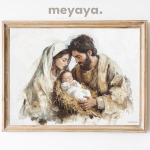 Christmas Nativity Scene Painting, Vintage Nativity Print, Holy Family Artwork, Baby Jesus, Mary, Joseph Art, Holiday Printable, Minimalist.