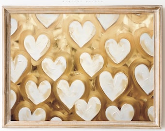 Gold White Hearts Print: Valentines Day Painting, Love Romantic Decor (Digital Download)
