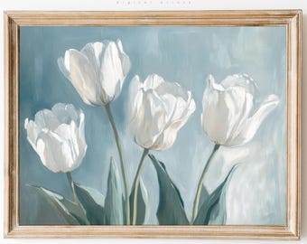 Lámina artística de tulipanes blancos: arte floral de pared estilo cottagecore, decoración primaveral en azul neutro, arte botánico (descarga digital)
