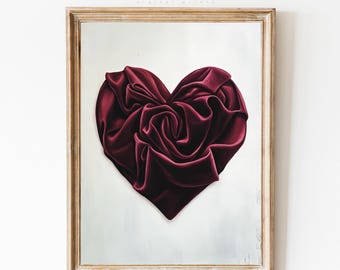 Burgundy Velvet Heart Print: Vintage Valentines Painting, Romantic Love Decor (Digital Download)