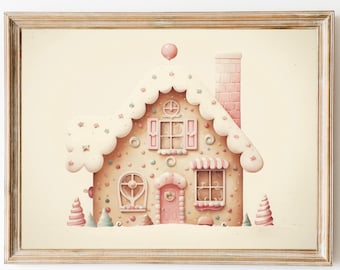 Gingerbread House Print. Christmas Pastel Decor, Holiday Girly Wall Art, Digital Download.