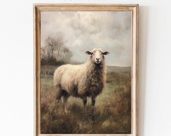 ビンテージ羊の絵画、農家の壁アート、野生の羊の素朴なアート