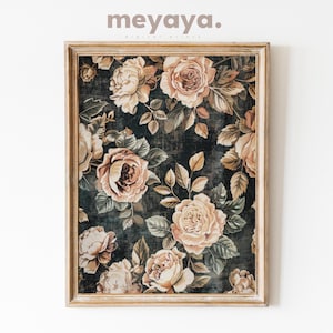 Dark Floral Tapestry Painting, Textile Print, Vintage Fabric, Antique Pink Roses Tapestry Decor, Dark Academia Art Print, Cottagecore Decor.