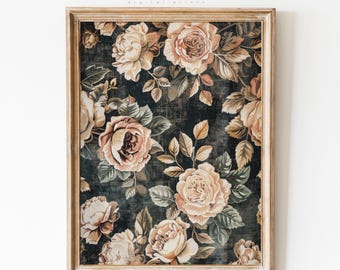 Impresión de tapiz floral oscuro: rosas vintage, decoración cottagecore, pintura botánica (descarga digital)