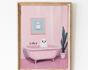 Cute Ghost in Bathtub Print, Pink Halloween Wall Art, Bathroom Decor, Halloween Print, Spooky Girly Decor, Funny Ghost Print, Whimsical Art.