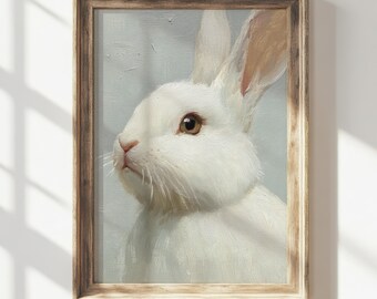 Cuadro vintage de conejo de Pascua blanco: Lámina infantil estilo cottagecore, arte mural primaveral (descarga digital)