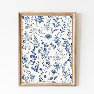青い花柄の絵画、植物のプリント、シノワズリの壁アート、タペストリーの壁装飾、ニュートラルな抽象的な花柄のアート、ビクトリア朝のパターンアート