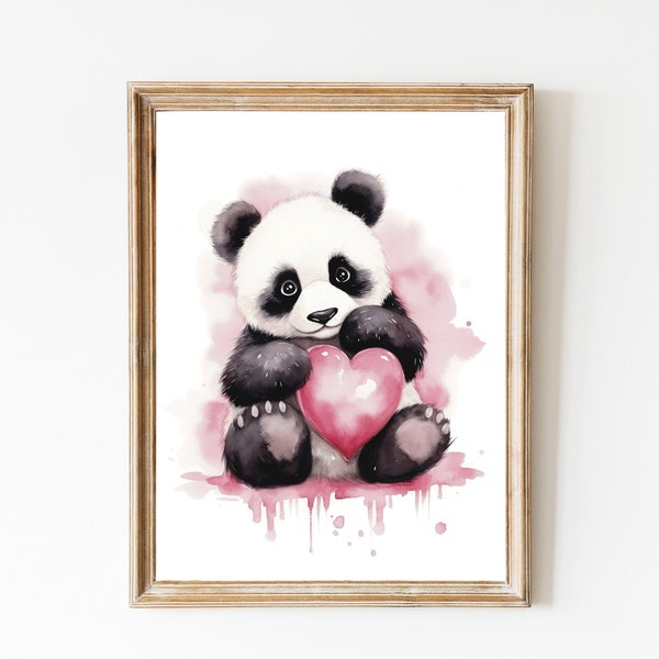 Cute Valentines Day Pink Heart Panda PRINTABLE Wall Art Nursery Baby Panda Digital Print Watercolor Painting Baby Panda Kids Room Art Decor