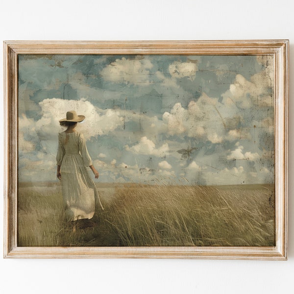 Pioneer Woman Print, Muted Country Landscape Print, Vintage Farmhouse Decor, Woman Walking Wheat Field Painting, Neutral PRINTABLE Wall Art.