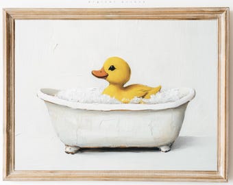 Cute Rubber Duck Bathroom Art Print, Duck in Bathtub Painting, Bath Room Wall Art, Rubber Duck Painting, Cottagecore Decor, Funny Preppy Art