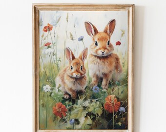 Cuadro de conejito en tonos apagados, decoración de guardería de primavera, estampado de conejito, estilo cottagecore neutro, arte de pared botánico, decoración acogedora de cabaña de primavera, estampado de conejos.