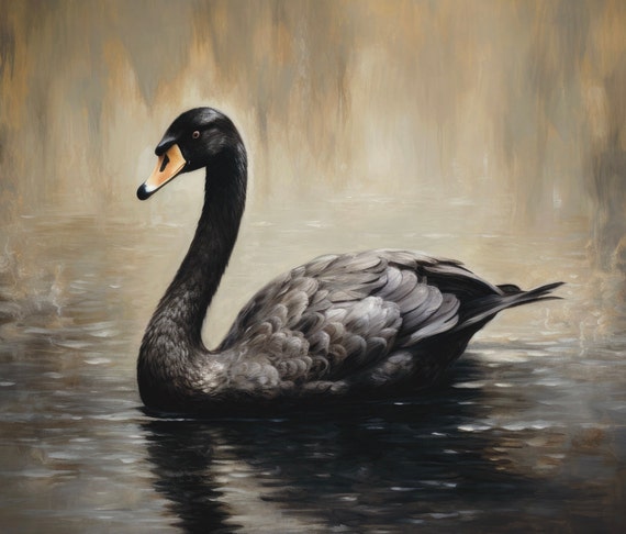 Vintage Black Swan Painting, Moody Swan Print, Farmhouse Decor