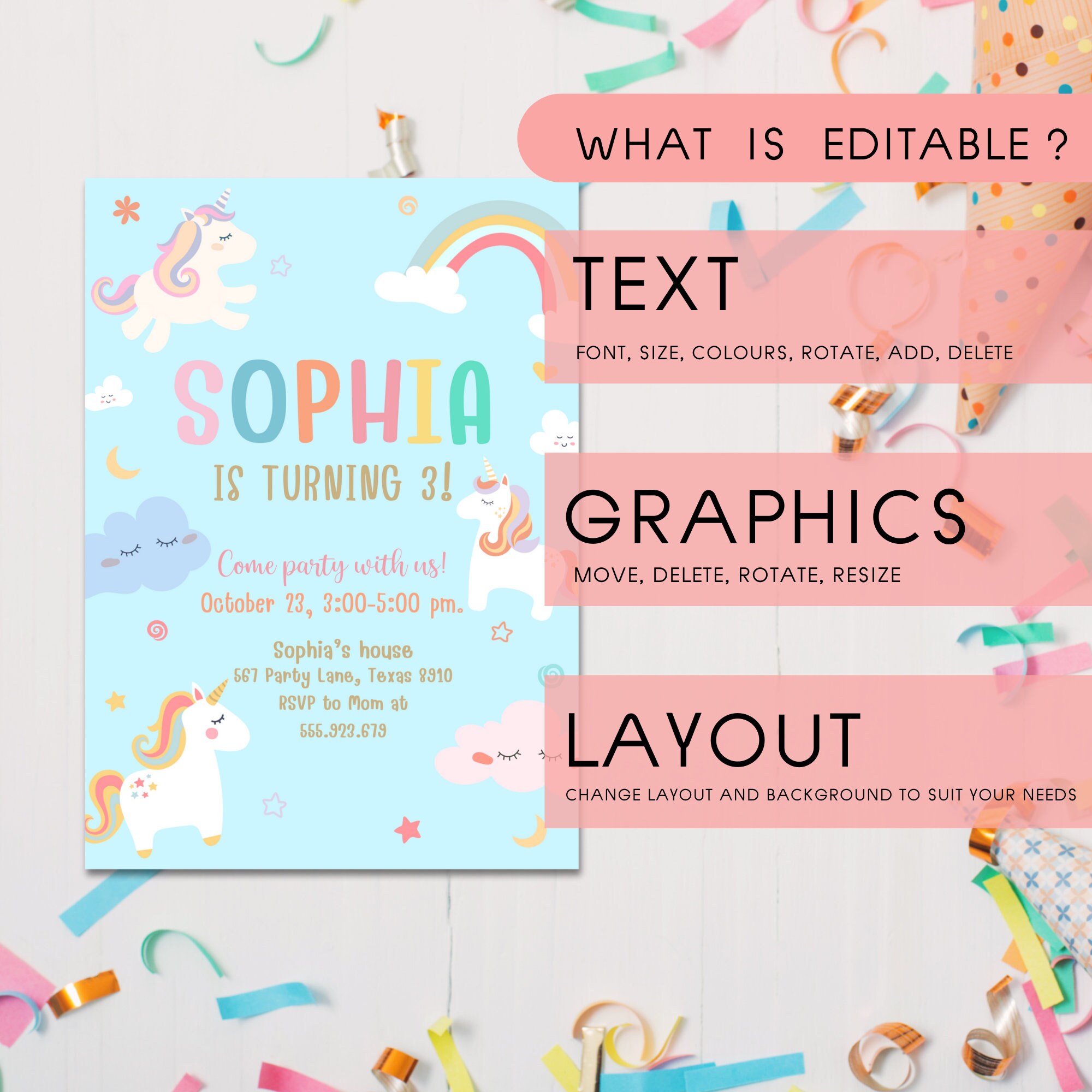 Editable Unicorn Birthday Invitation | Pastel Rainbow Party (digital ...