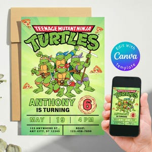 Bearbeitbare Ninja Turtle Geburtstagseinladung Kinder Geburtstagsgeschenk Digitale Party Laden Vorlage Druckbare Party Einladung Bearbeitbare Canva
